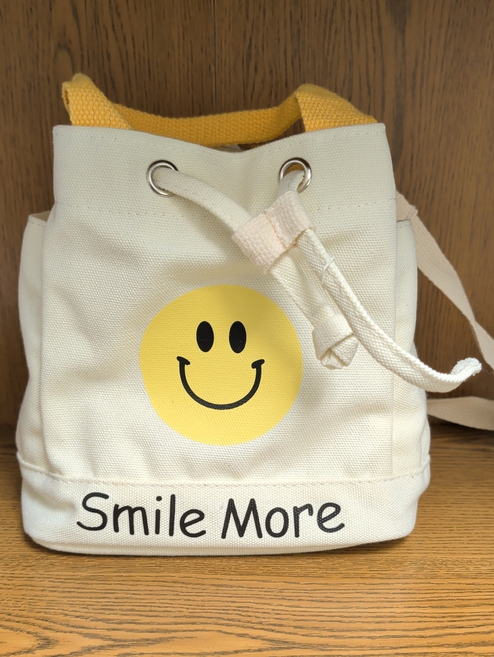 Smile More Cream & Yellow Canvas Drawstring Backpack